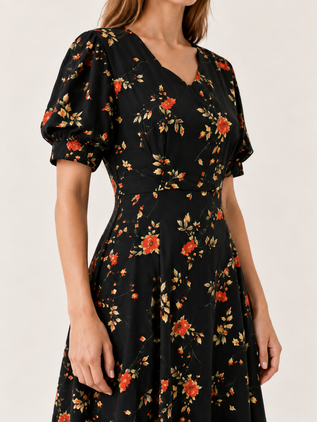 Cali | Floral Midi Dress with V Neck Short Sleeves