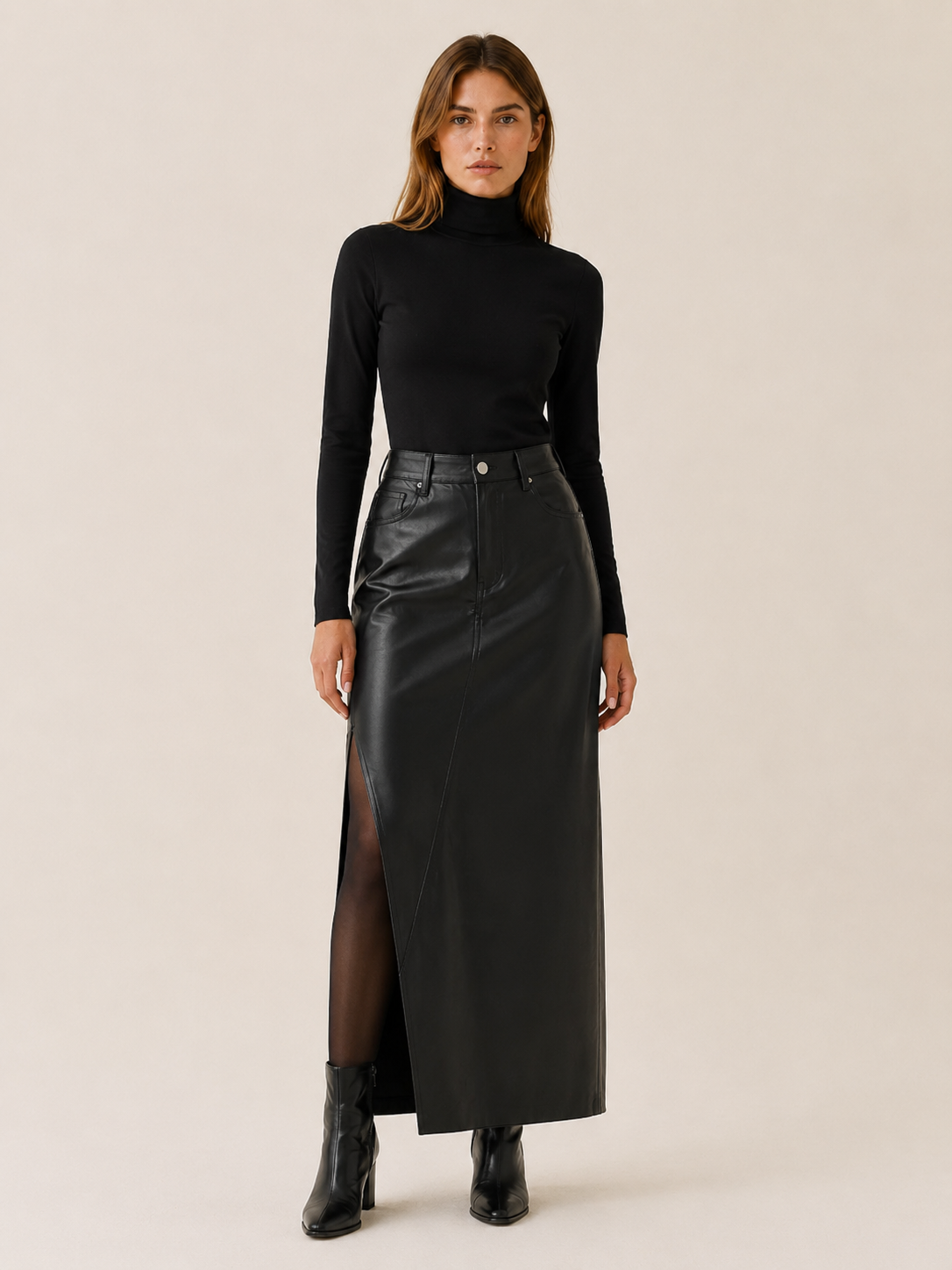 Calira | Women's Leather-Look Maxi Skirt with Side Slit
