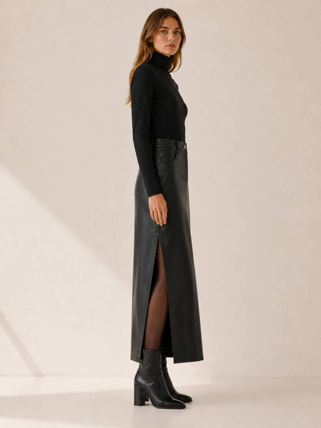 Calira | Women's Leather-Look Maxi Skirt with Side Slit