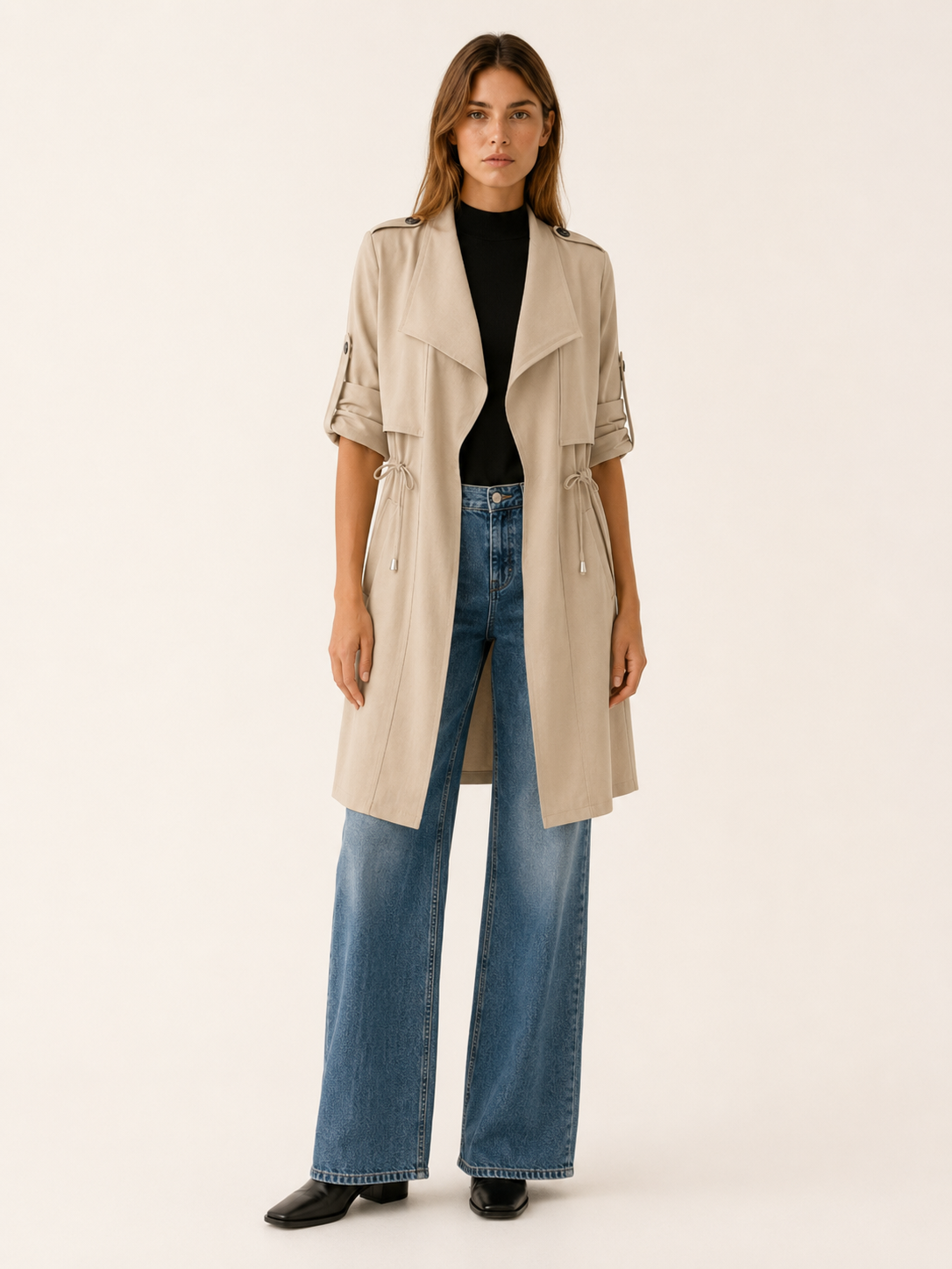 Camille | Short Trench Coat with Drawstring Waist and Drape Collar