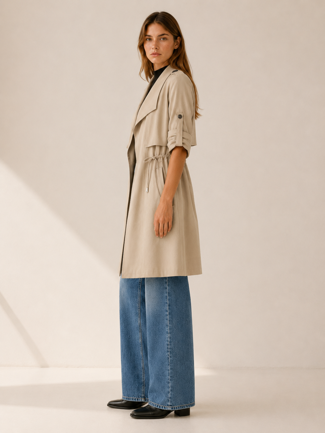 Camille | Short Trench Coat with Drawstring Waist and Drape Collar