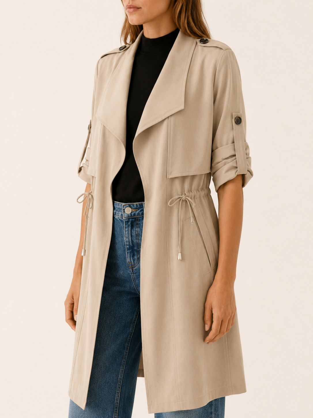 Camille | Short Trench Coat with Drawstring Waist and Drape Collar