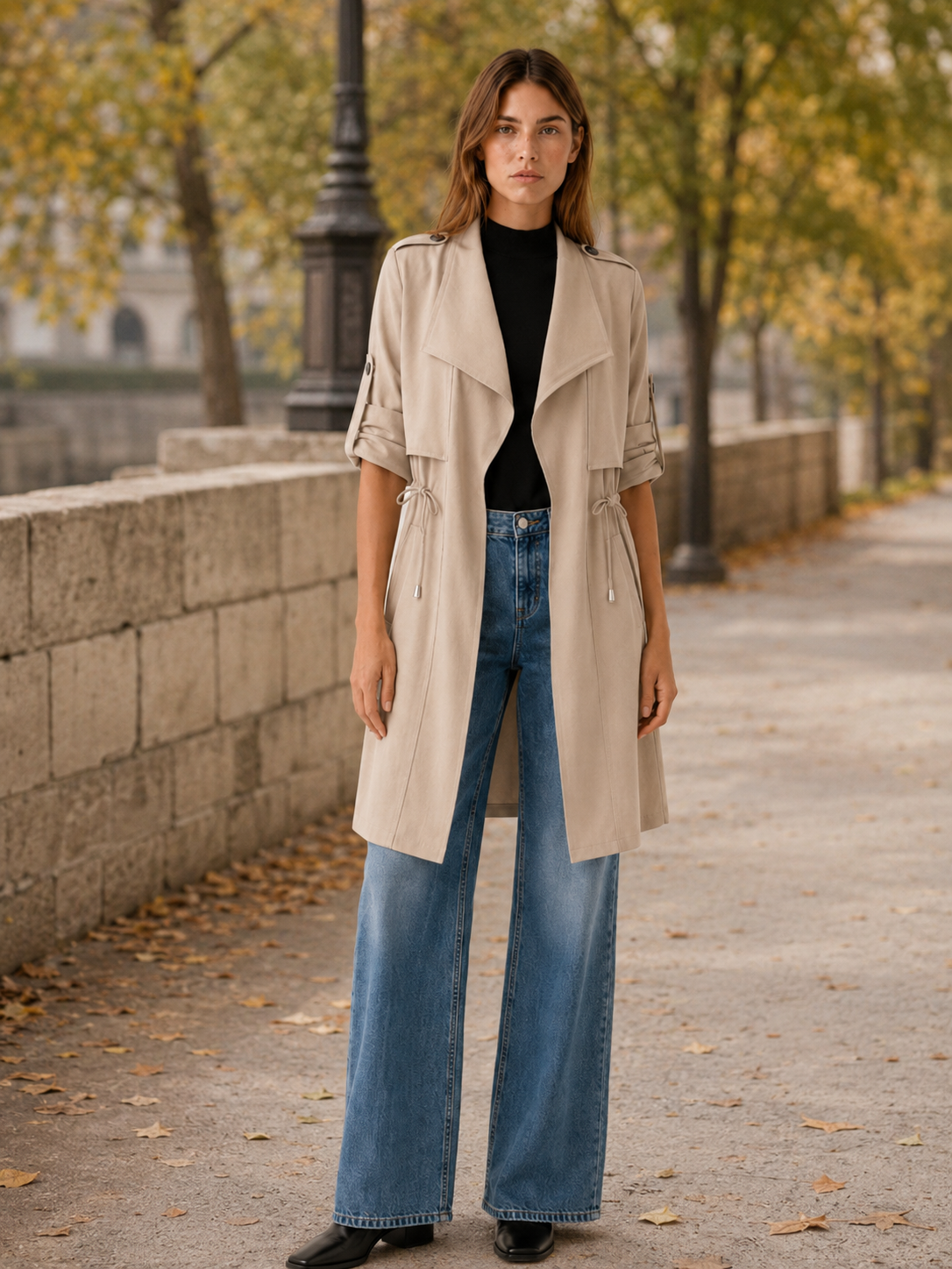 Camille | Short Trench Coat with Drawstring Waist and Drape Collar