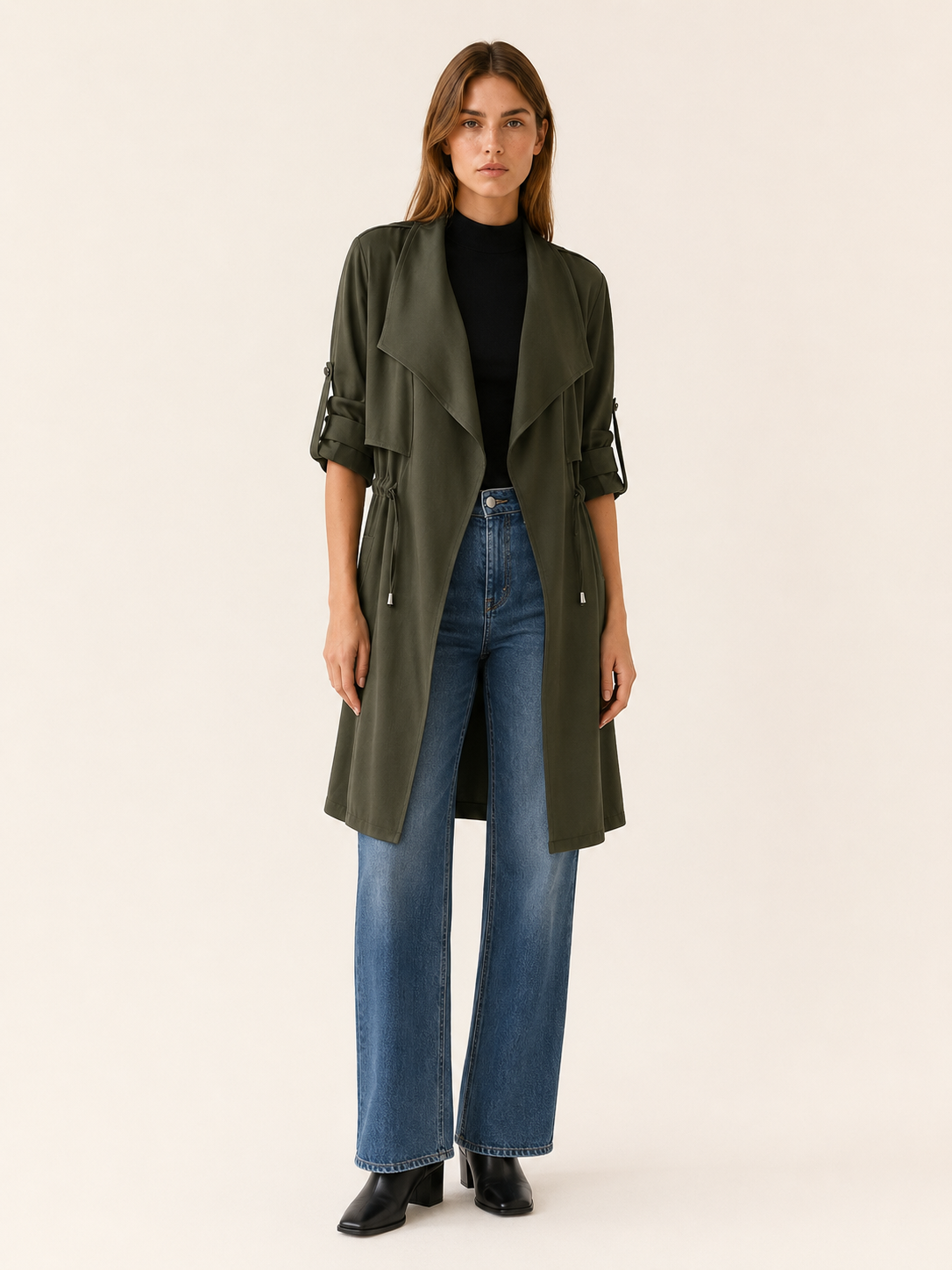 Camille | Short Trench Coat with Drawstring Waist and Drape Collar