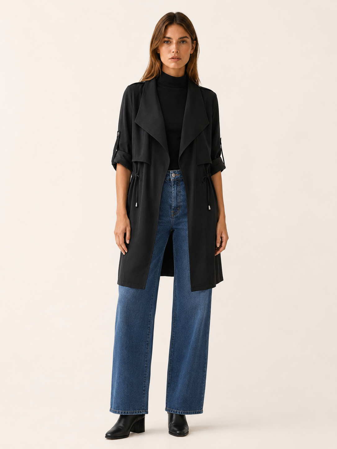 Camille | Short Trench Coat with Drawstring Waist and Drape Collar