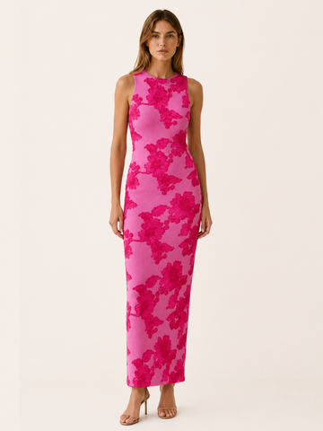 Caressa | Floral Embroidered Maxi Dress with Racer Neck Bodycon Fit
