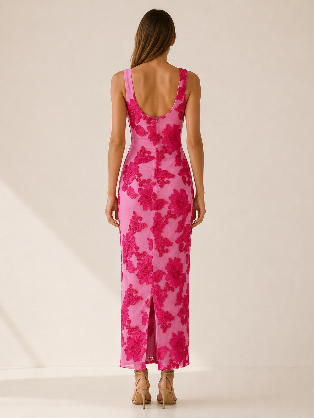 Caressa | Floral Embroidered Maxi Dress with Racer Neck Bodycon Fit
