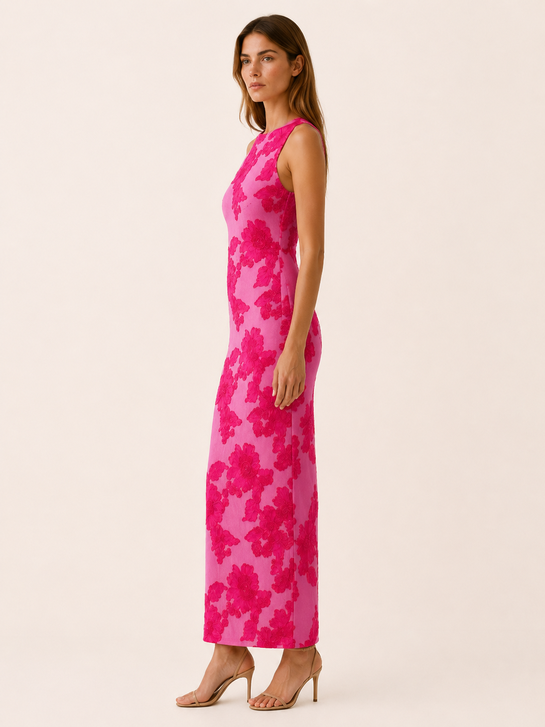 Caressa | Floral Embroidered Maxi Dress with Racer Neck Bodycon Fit