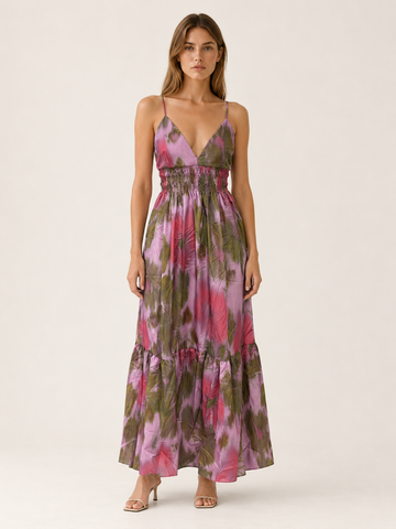 Carmel | Printed Maxi Dress with Smocked Waist Backless Detail