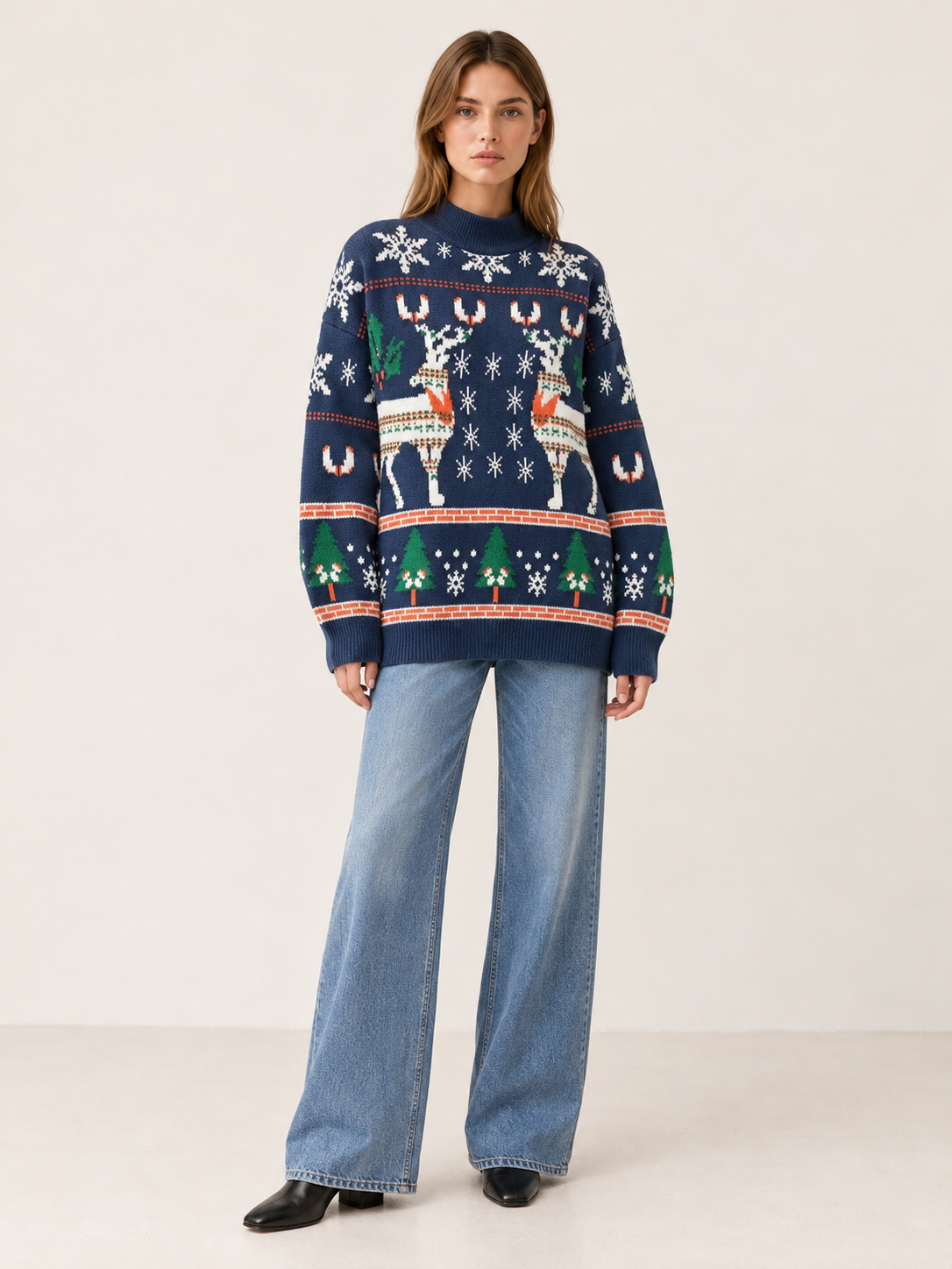 Carolina | Women's Reindeer Mock Neck Christmas Sweater Winter Holiday Party