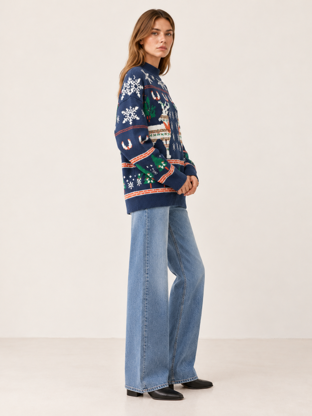 Carolina | Women's Reindeer Mock Neck Christmas Sweater Winter Holiday Party
