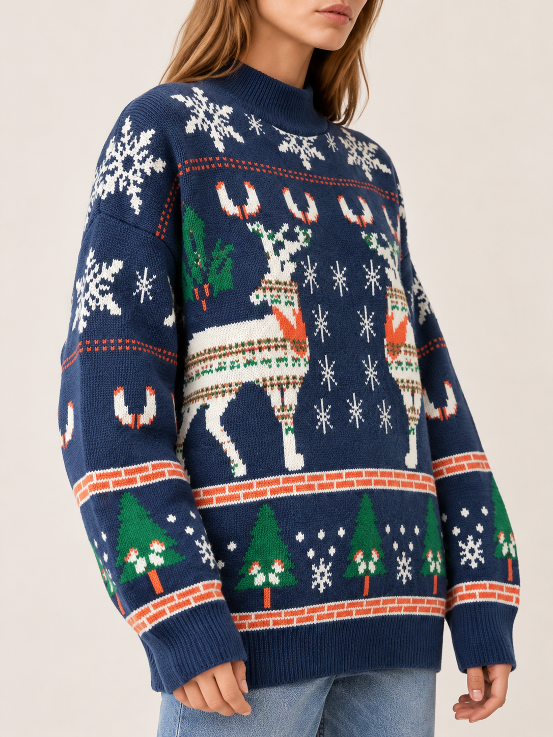 Carolina | Women's Reindeer Mock Neck Christmas Sweater Winter Holiday Party