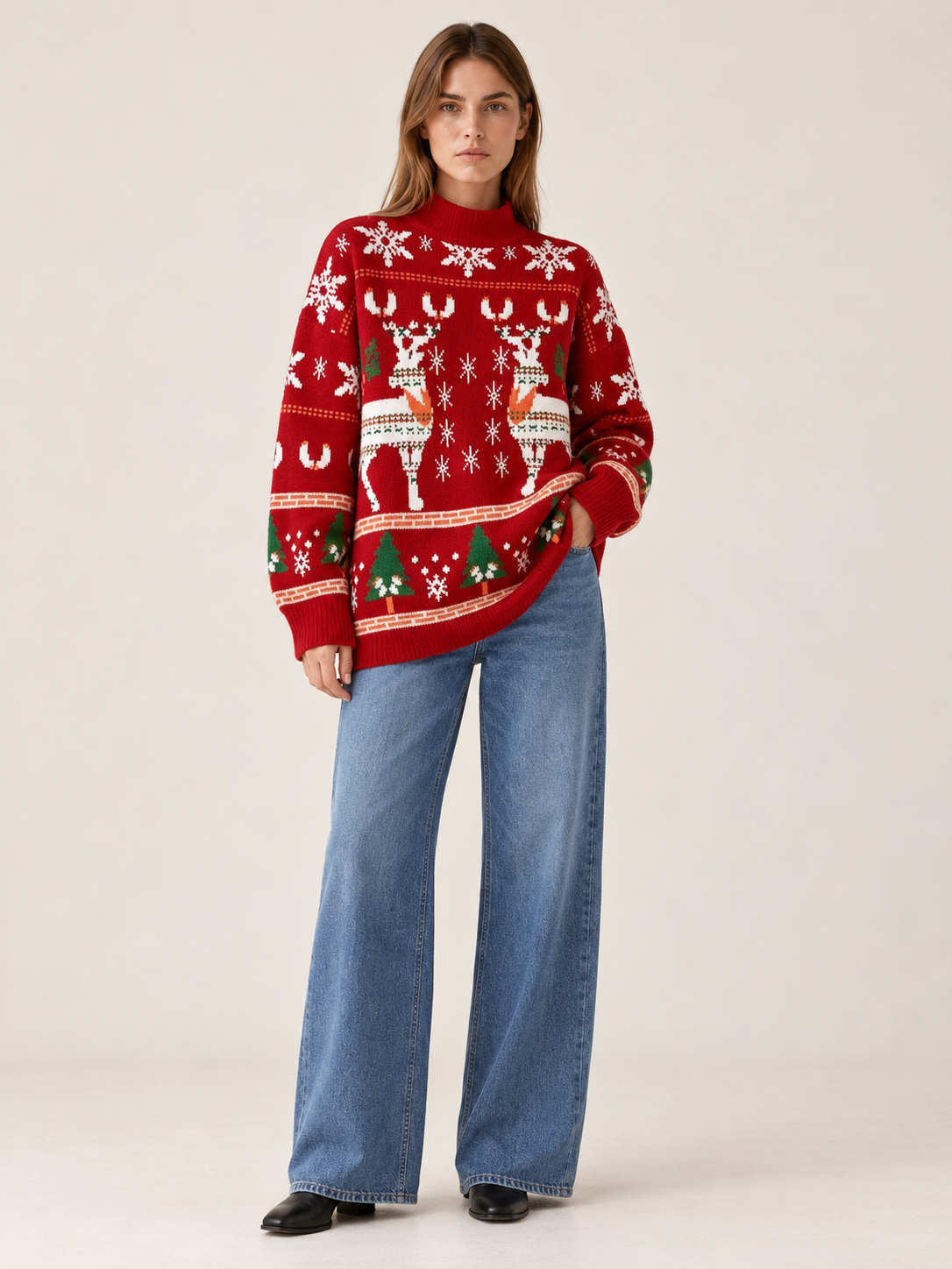 Carolina | Women's Reindeer Mock Neck Christmas Sweater Winter Holiday Party
