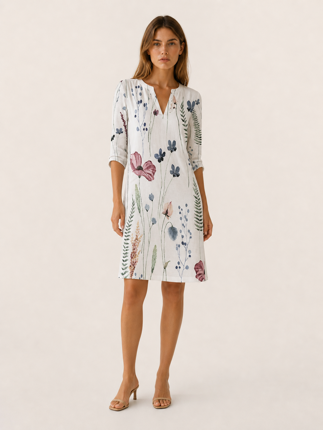 Cassia | Floral Midi Tunic Dress with V-Neckline