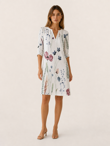 Cassia | Floral Midi Tunic Dress with V-Neckline
