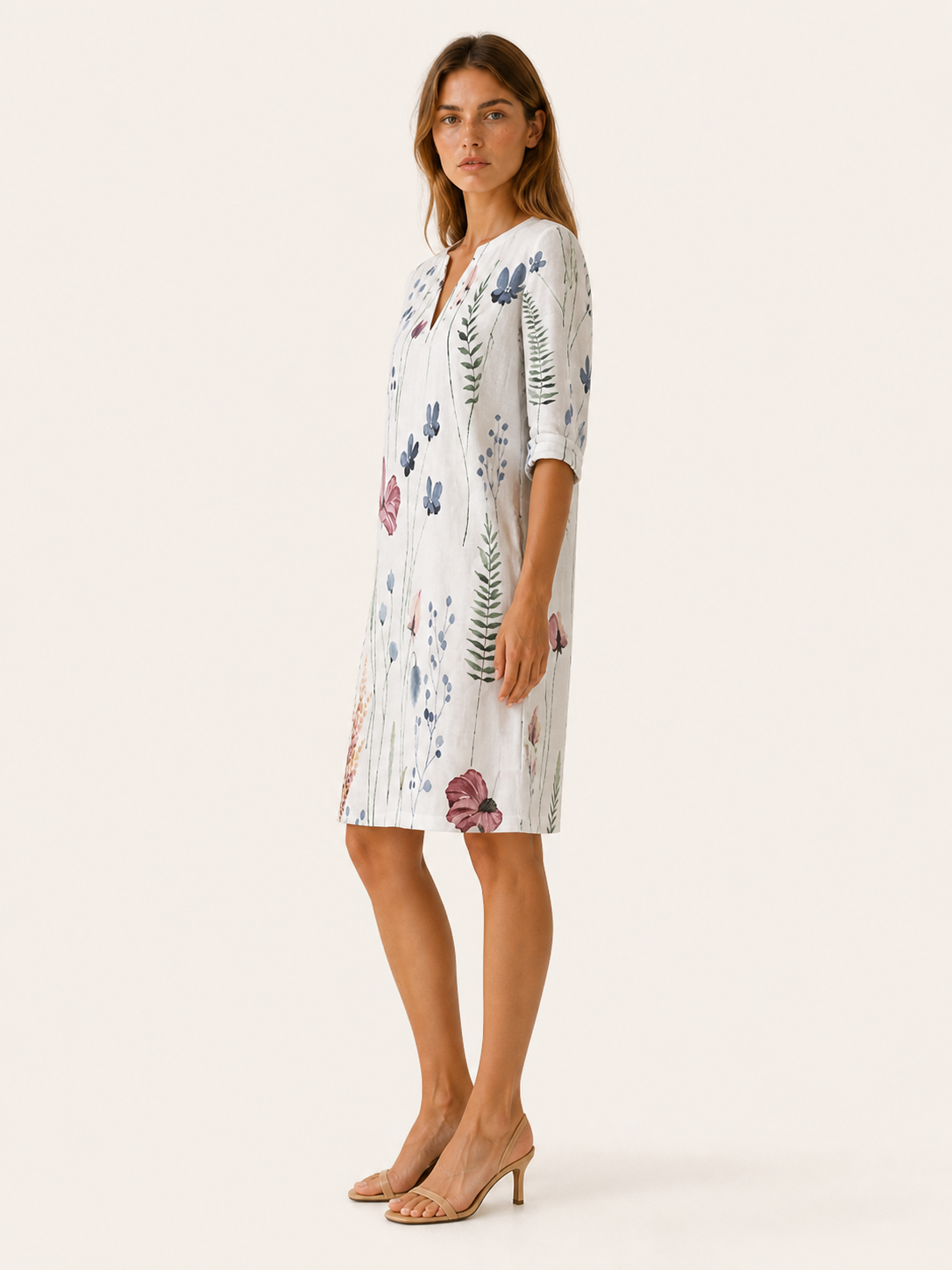 Cassia | Floral Midi Tunic Dress with V-Neckline