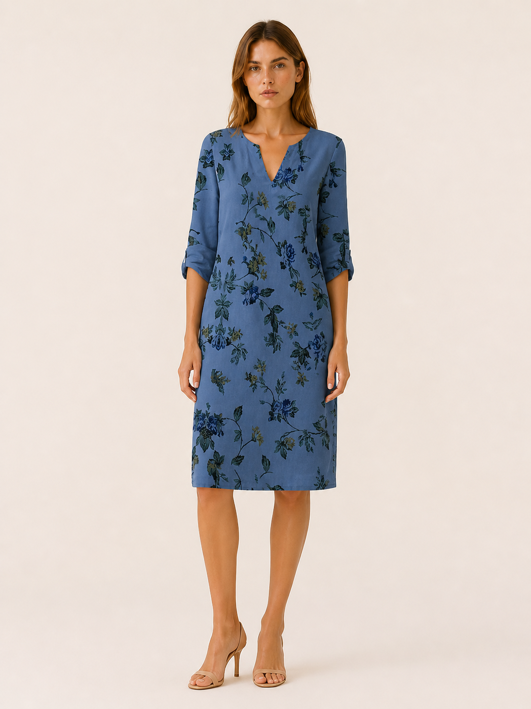 Cassia | Floral Midi Tunic Dress with V-Neckline