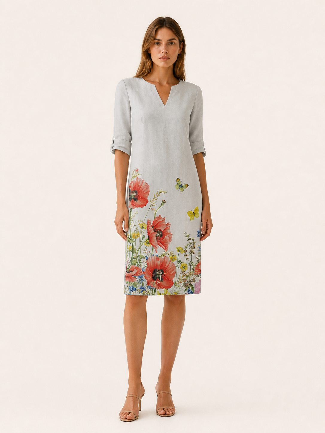 Cassia | Floral Midi Tunic Dress with V-Neckline