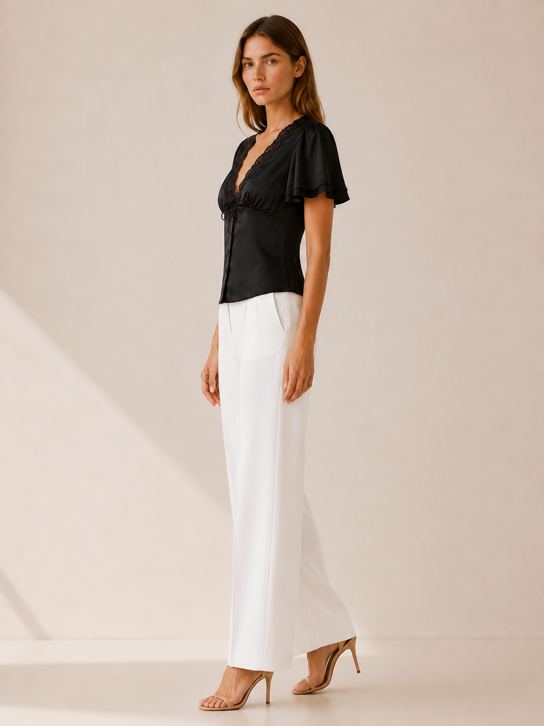 Cecilia | Blouse with Lace Trim and Flutter Sleeves