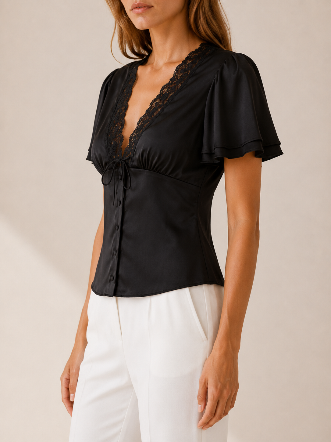 Cecilia | Blouse with Lace Trim and Flutter Sleeves