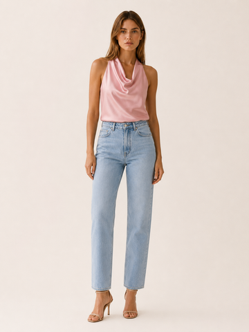 Cecily | Satin Halter Top with Draped Neckline