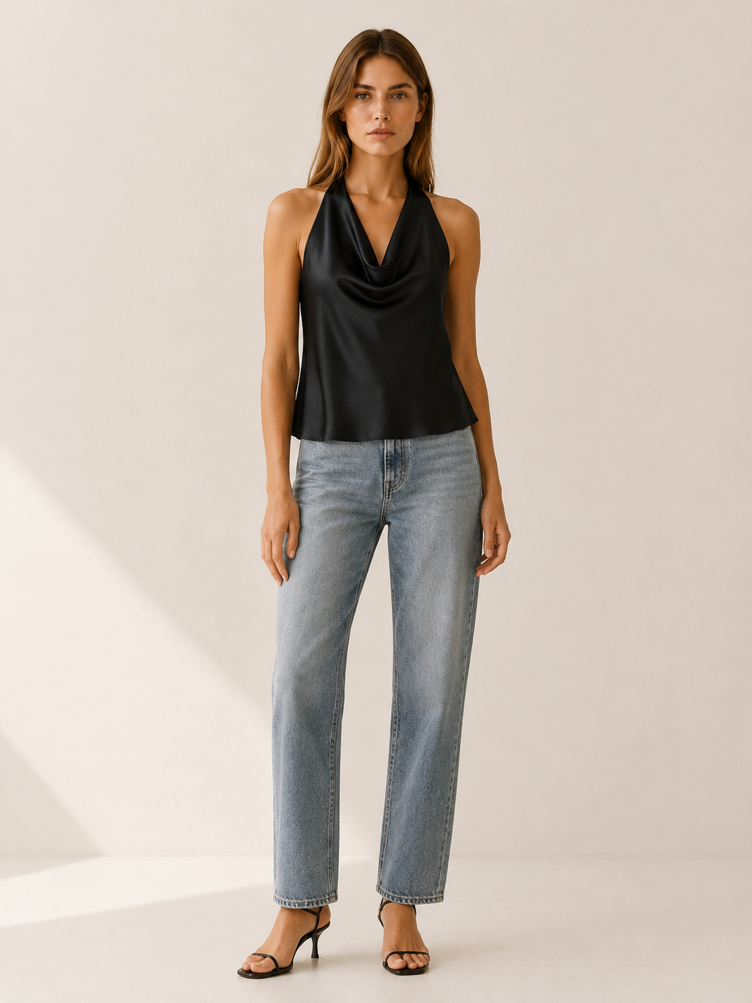 Cecily | Satin Halter Top with Draped Neckline