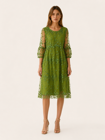 Celandra | Tulle Midi Dress with O Neck Floral Detail