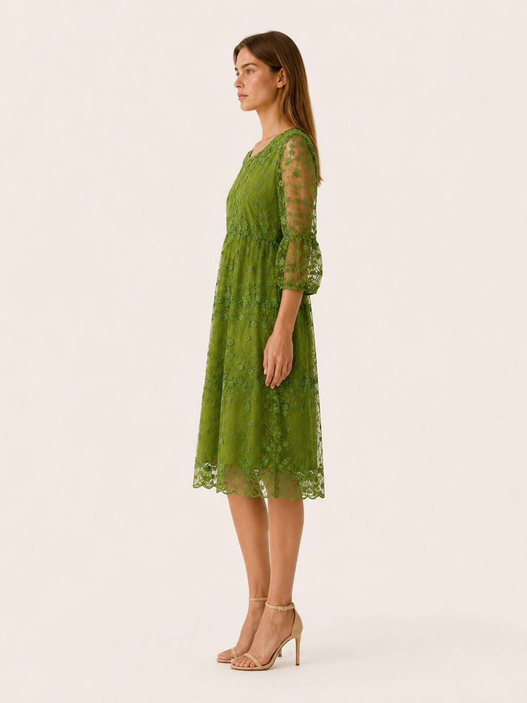 Celandra | Tulle Midi Dress with O Neck Floral Detail