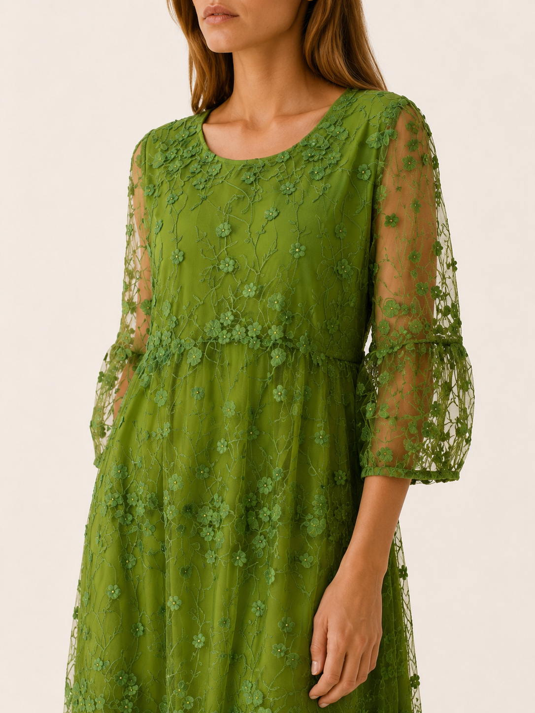 Celandra | Tulle Midi Dress with O Neck Floral Detail