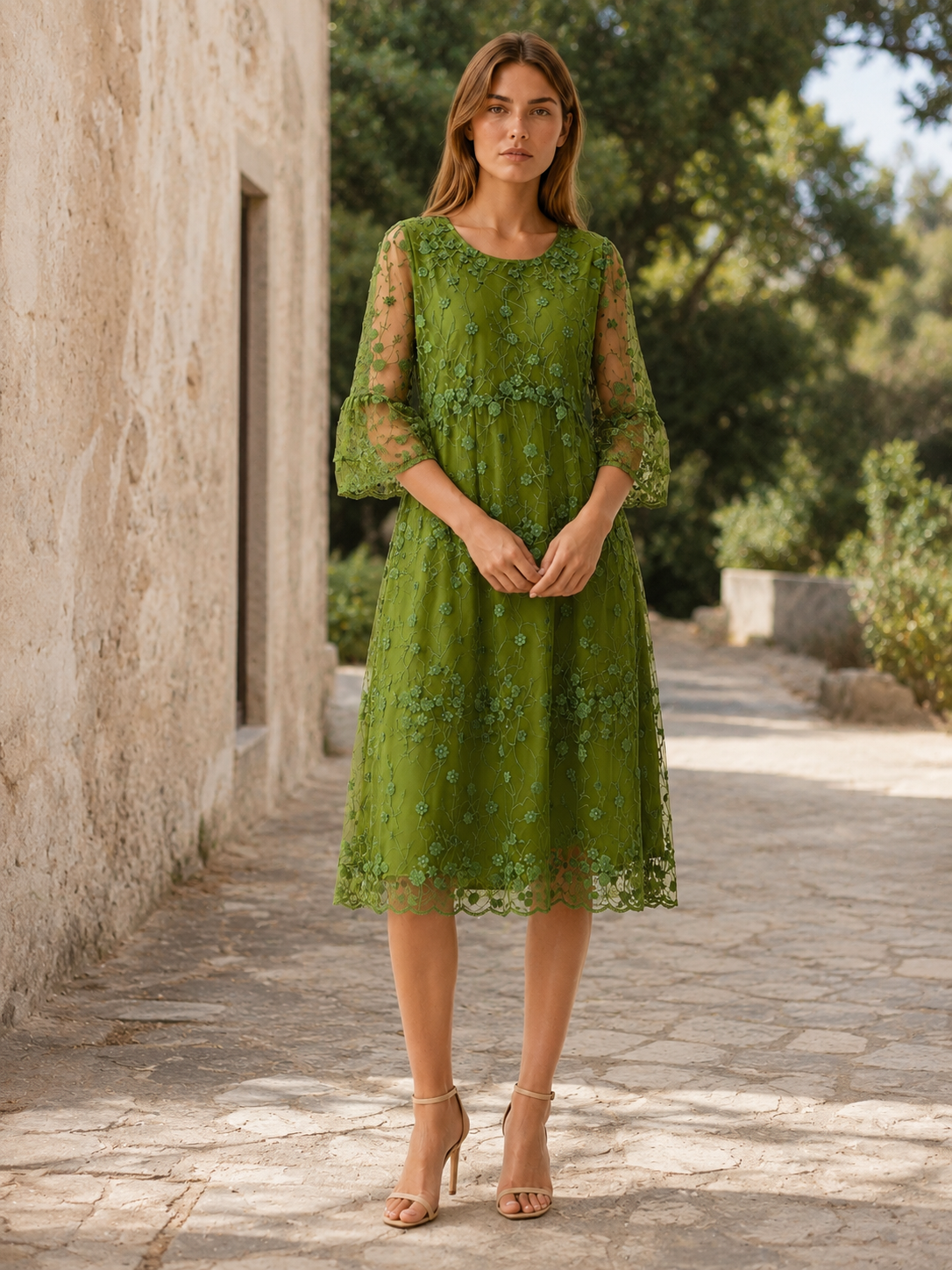 Celandra | Tulle Midi Dress with O Neck Floral Detail