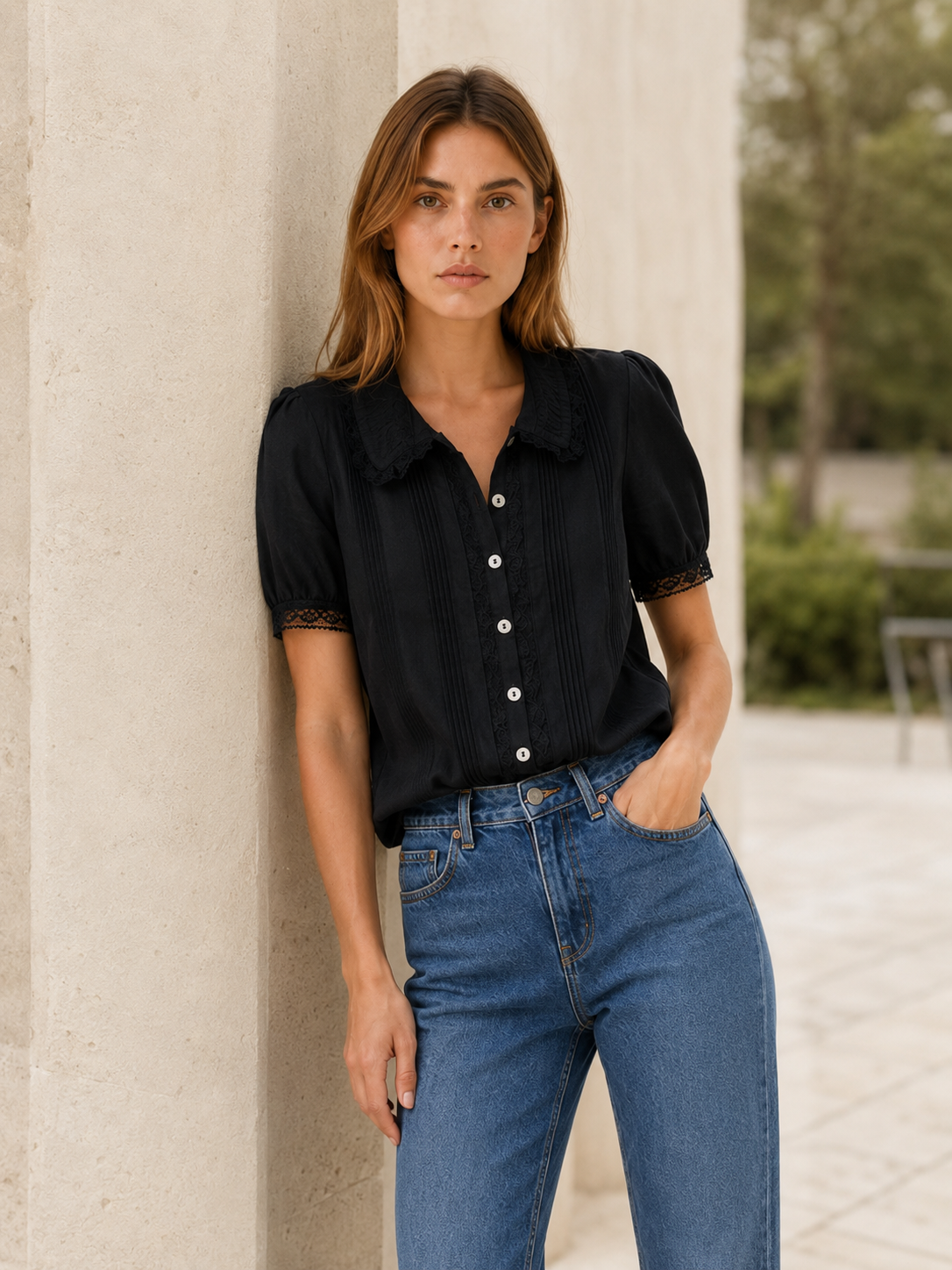 Celine | Lace Blouse with Chelsea Collar and Pleated Front