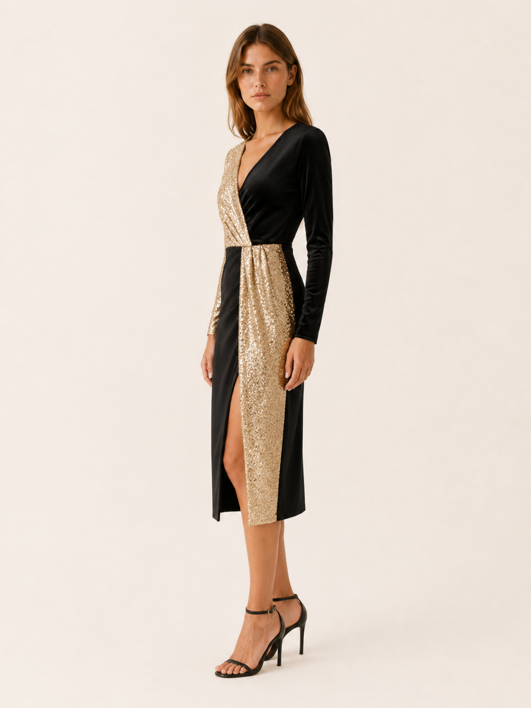 Ciana | Sequin Midi Dress with V Neck and Side Slit
