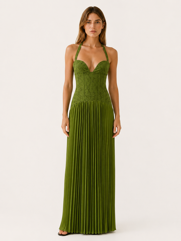 Clarisse | Lace Bodice Maxi Dress with Pleated Skirt