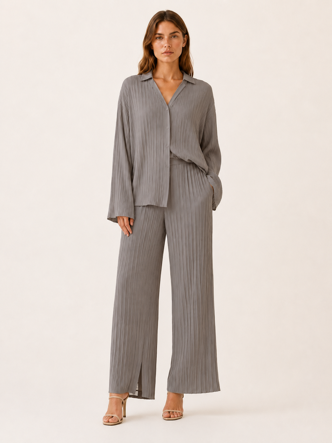 Cleo | Pleated Co-Ord Set with Wide-Leg Trousers