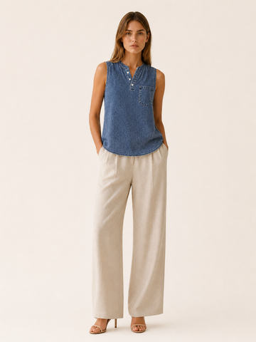 Clove | Sleeveless Tee with Button Neck Pocket Detail