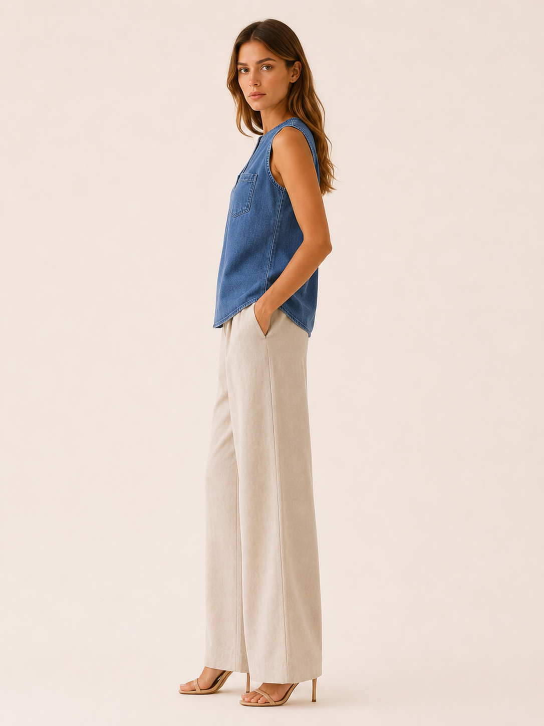 Clove | Sleeveless Tee with Button Neck Pocket Detail