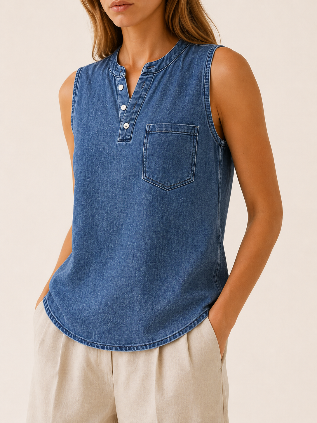 Clove | Sleeveless Tee with Button Neck Pocket Detail