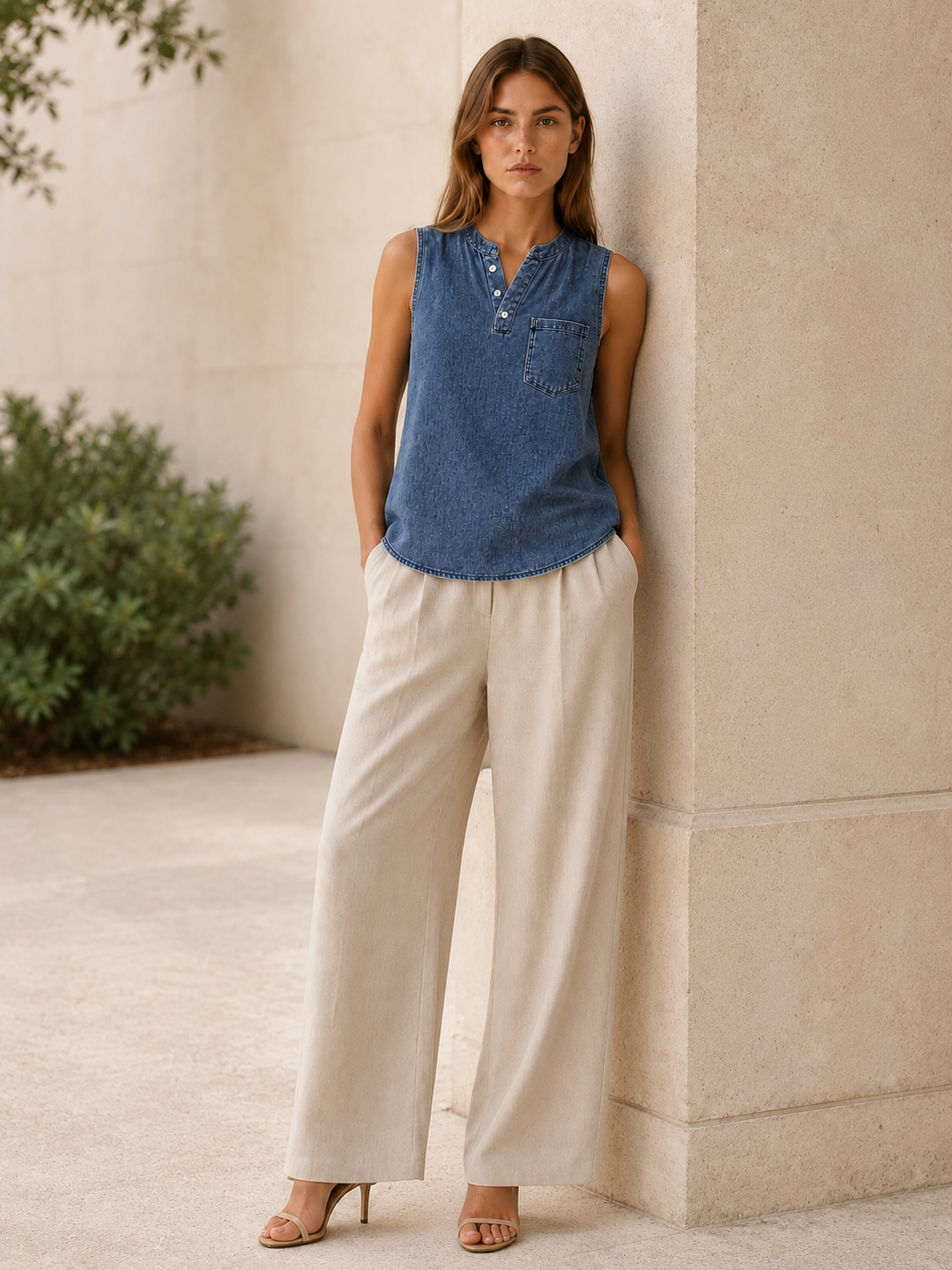 Clove | Sleeveless Tee with Button Neck Pocket Detail