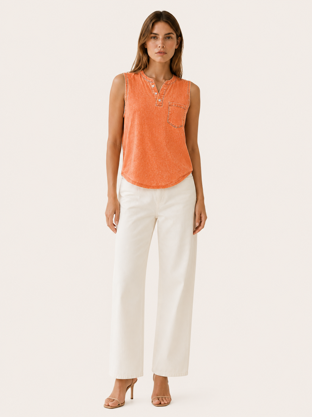 Clove | Sleeveless Tee with Button Neck Pocket Detail