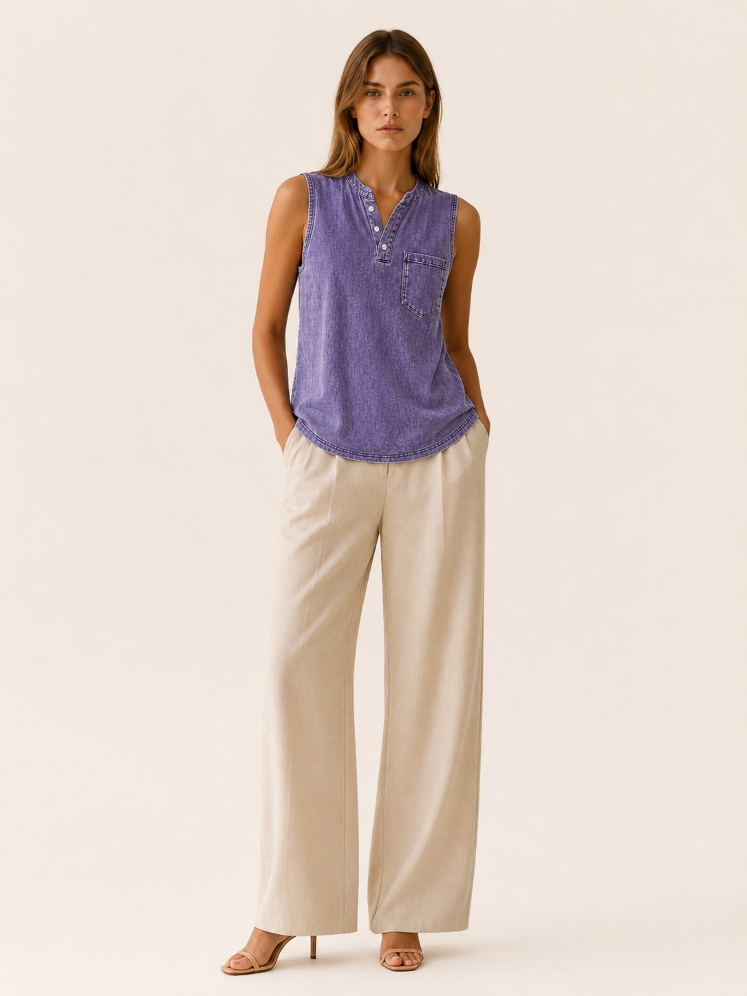 Clove | Sleeveless Tee with Button Neck Pocket Detail