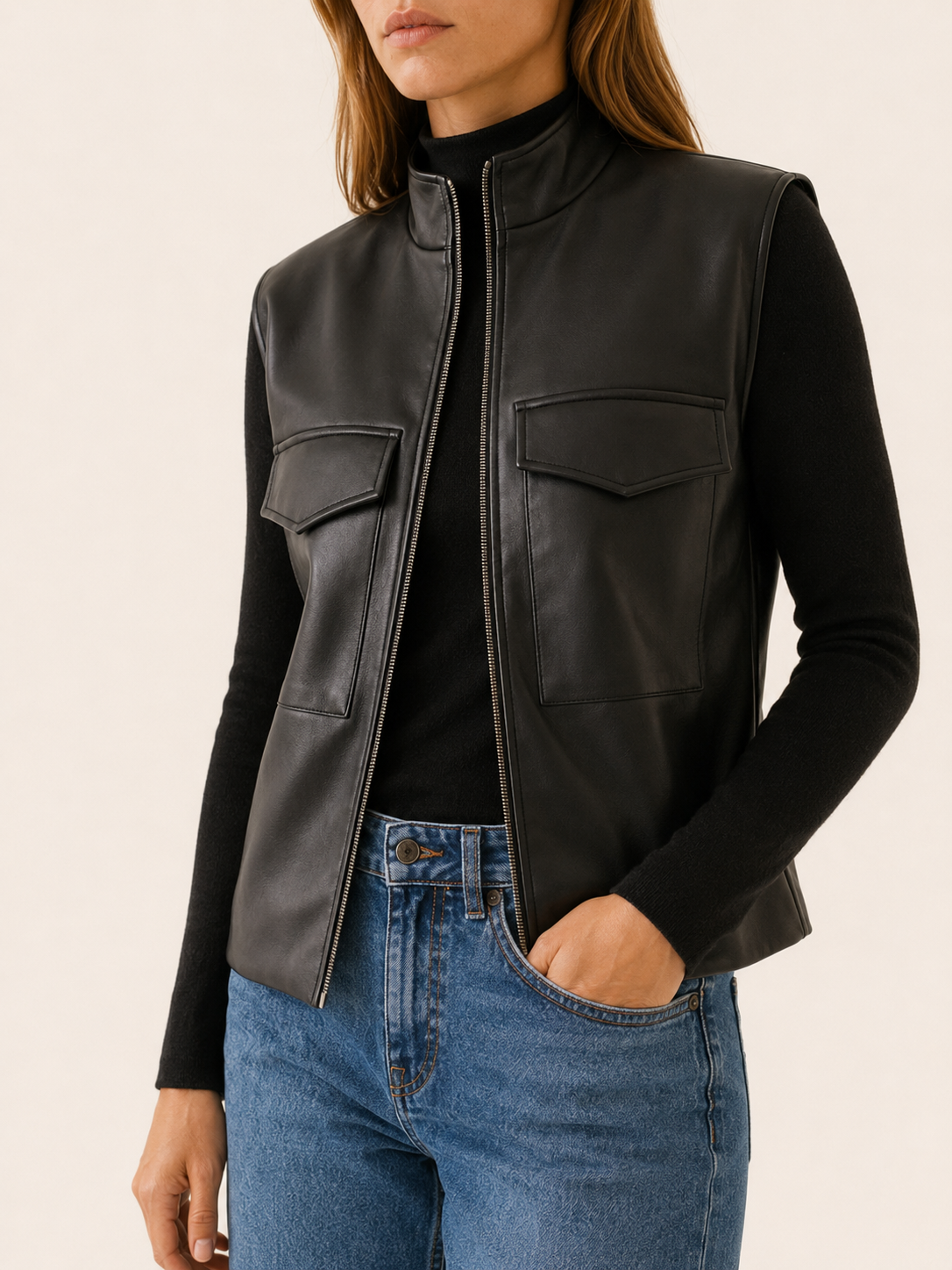 Corisande | Sleeveless Jacket with Zip Front and Utility Pocket