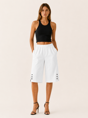 Tavienne | Cotton Blend Cropped Trousers with Elastic Waist Button Hem