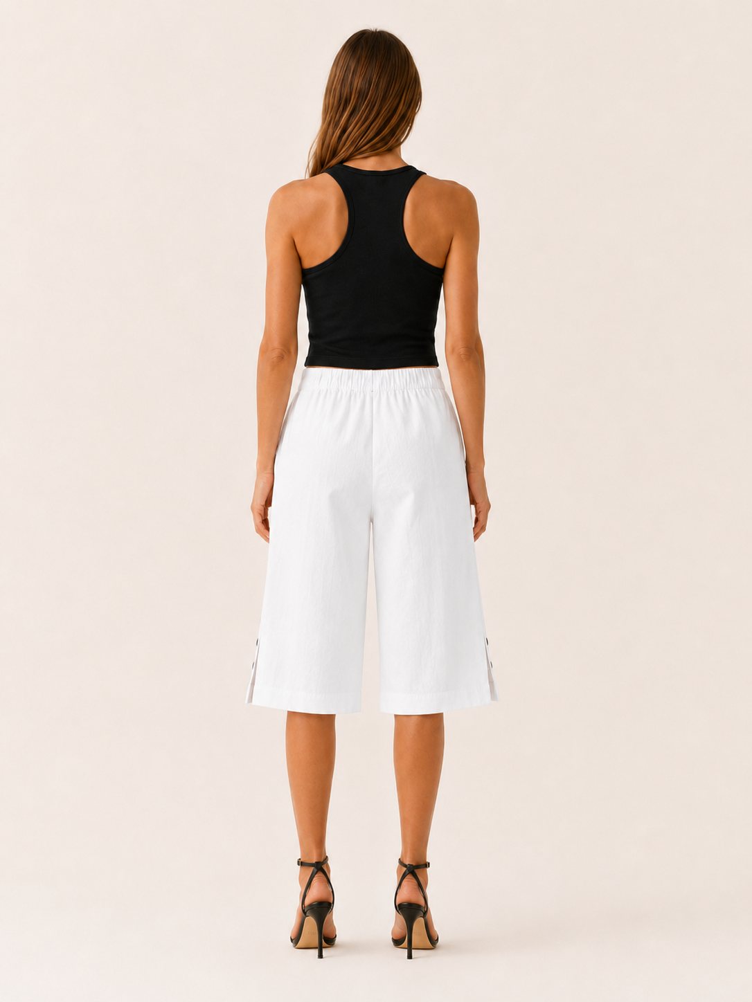 Tavienne | Cotton Blend Cropped Trousers with Elastic Waist Button Hem