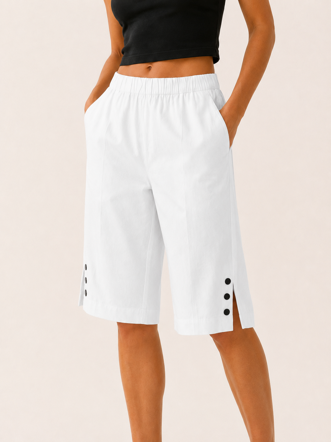 Tavienne | Cotton Blend Cropped Trousers with Elastic Waist Button Hem