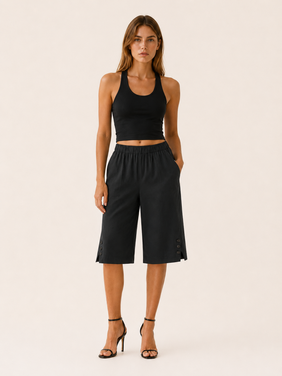 Tavienne | Cotton Blend Cropped Trousers with Elastic Waist Button Hem