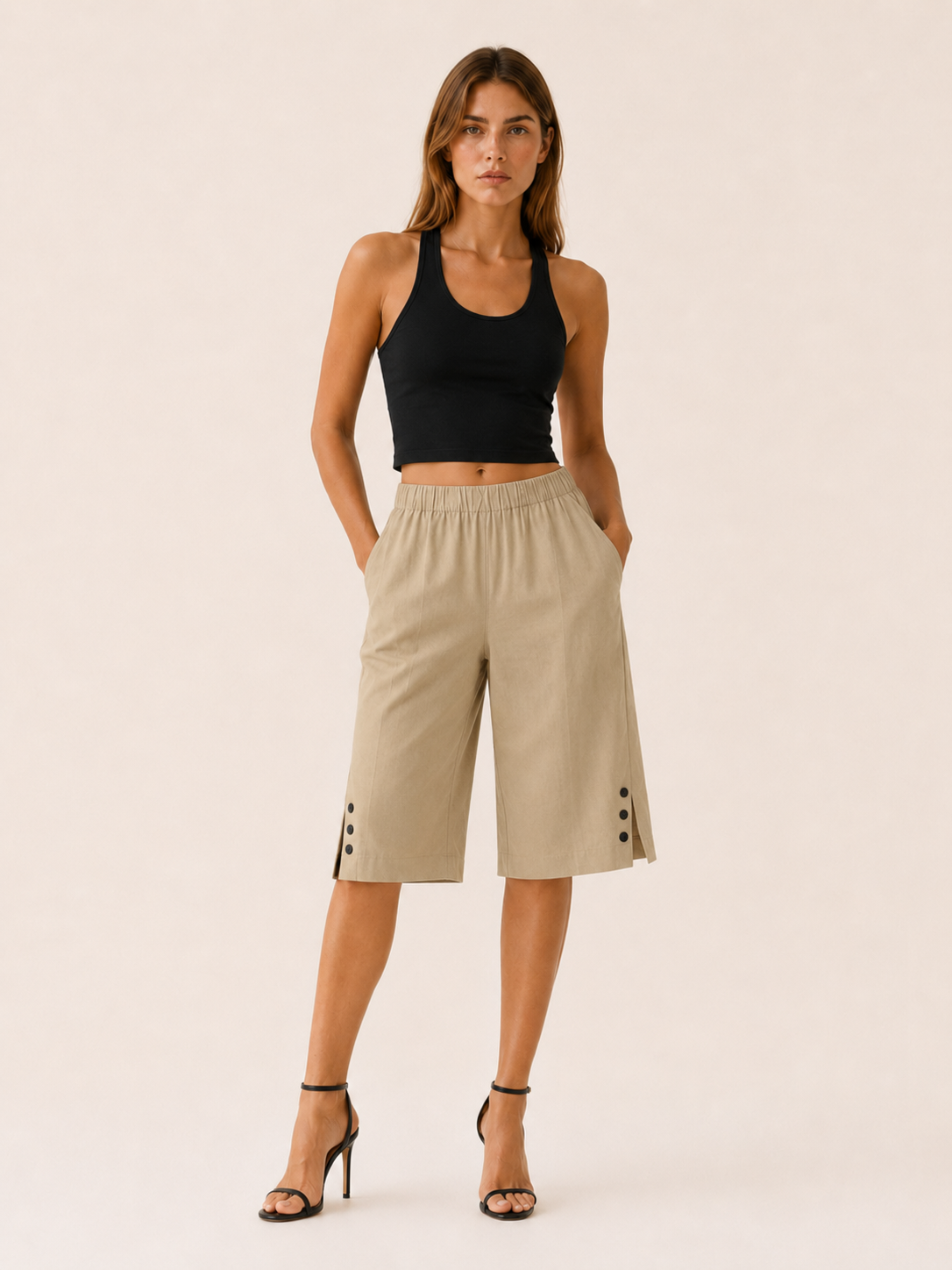 Tavienne | Cotton Blend Cropped Trousers with Elastic Waist Button Hem