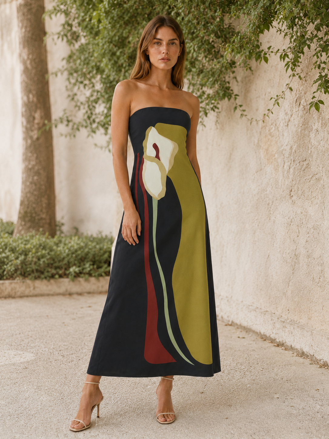 Cyrene | Strapless Maxi Dress with Abstract Floral Print