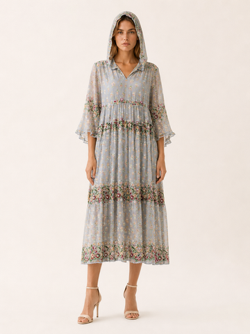 Delia | Hooded Tulle Midi Dress with V Neck Lace Detail