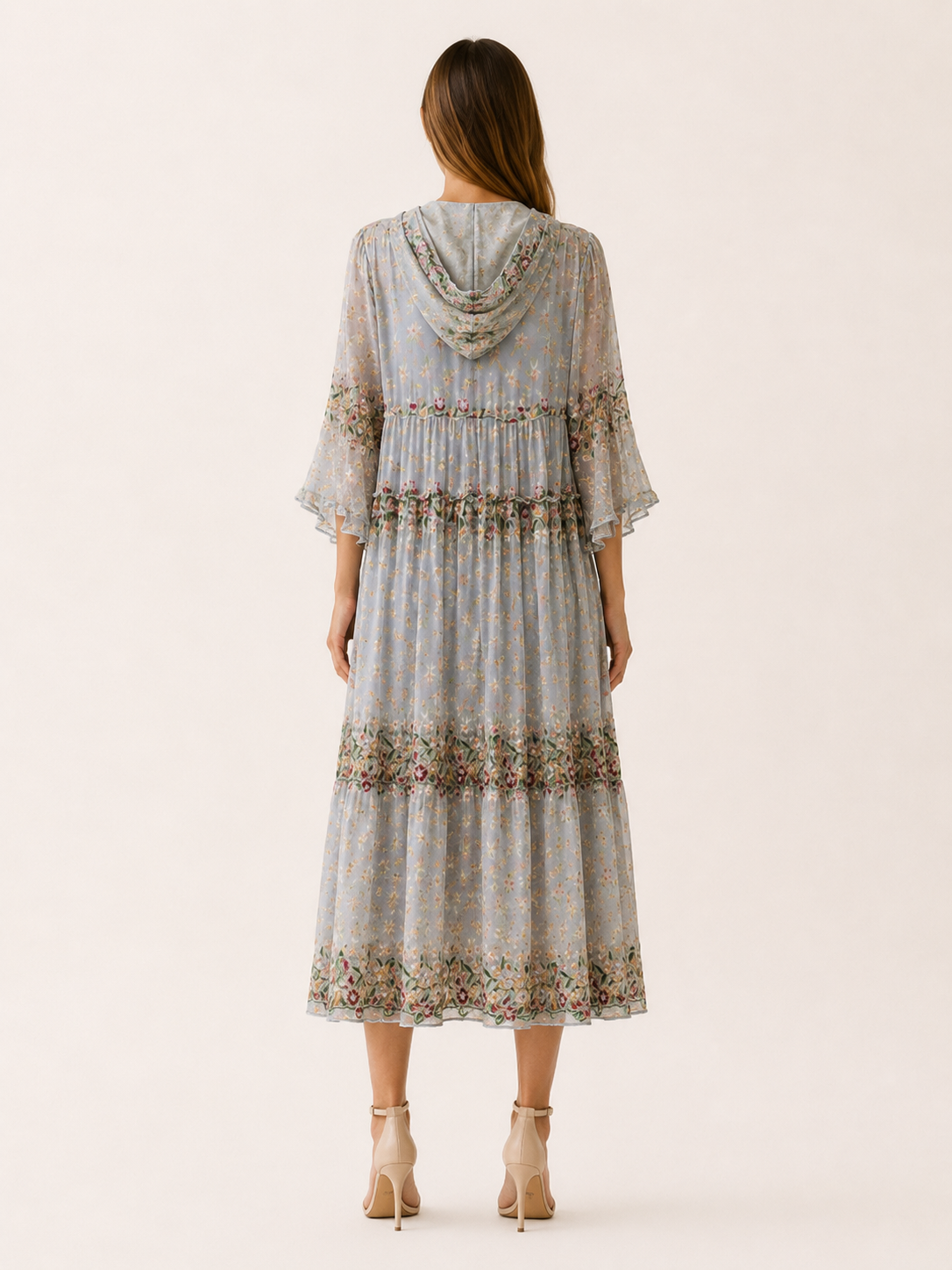 Delia | Hooded Tulle Midi Dress with V Neck Lace Detail