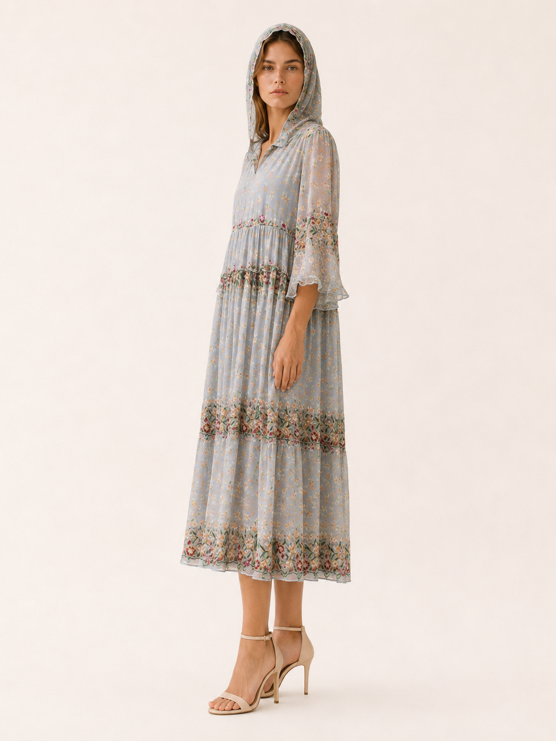 Delia | Hooded Tulle Midi Dress with V Neck Lace Detail